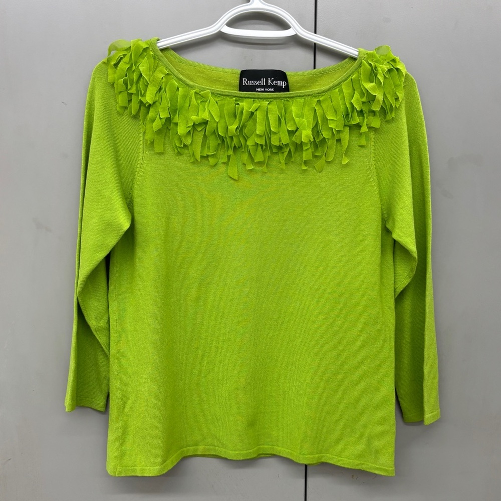 Russell Kemp New York Fringe Sweater Green size L Business Casual Capsule